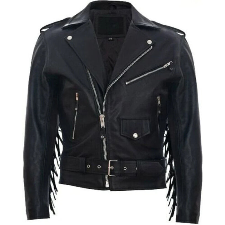 Mens Fringe Hide Leather Biker Jacket- Sevenoaks in White