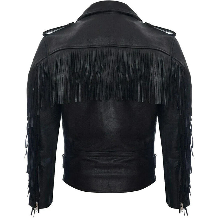 Mens Fringe Hide Leather Biker Jacket- Sevenoaks in White