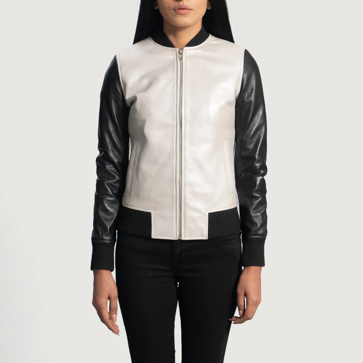 Lush Gear silver leather bomber jacket with black sleeves and ribbed cuffs on a woman