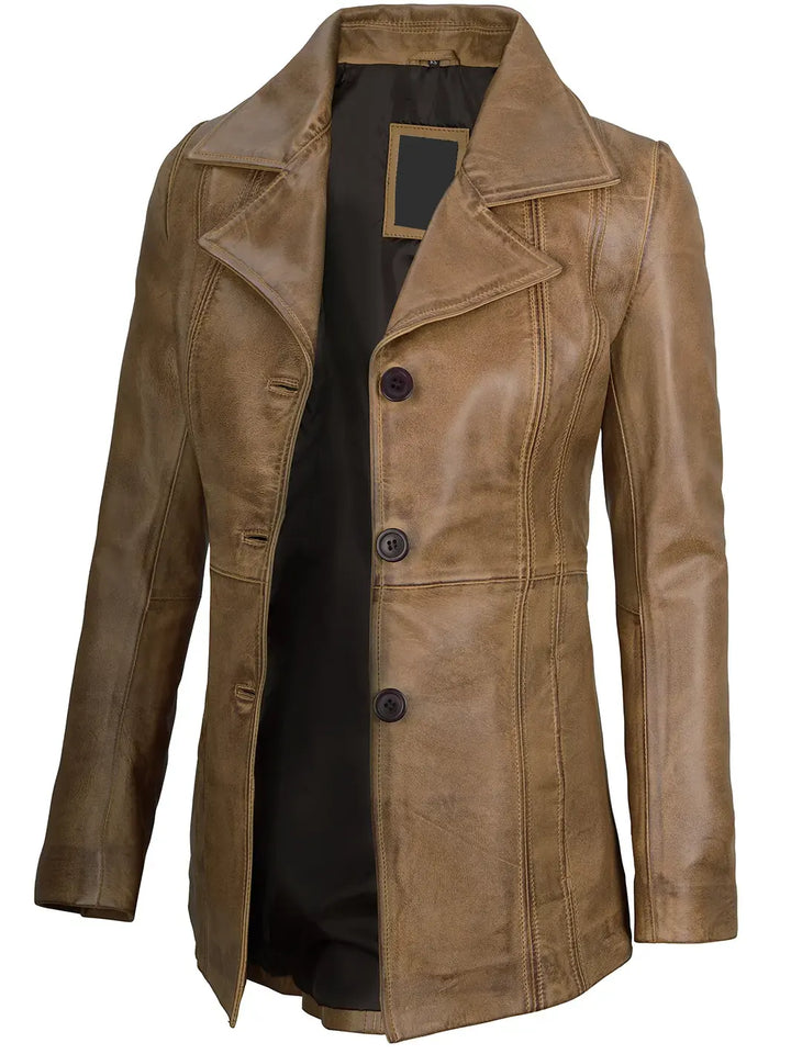 Women’s Camel Three Button Lambskin Leather Jacket