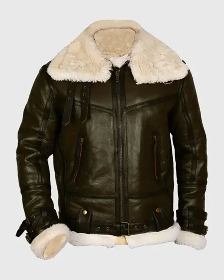 Terry Army B-3 Shearling Green Leather Aviator Jacket