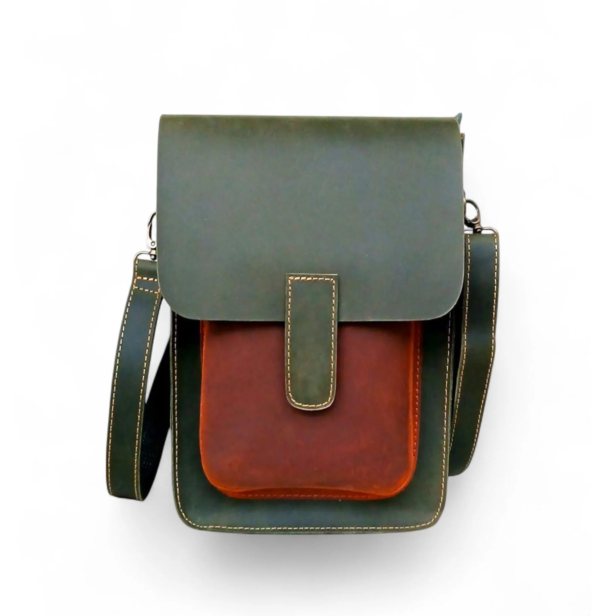 Olive Green Leather Crossbody Travel Bag