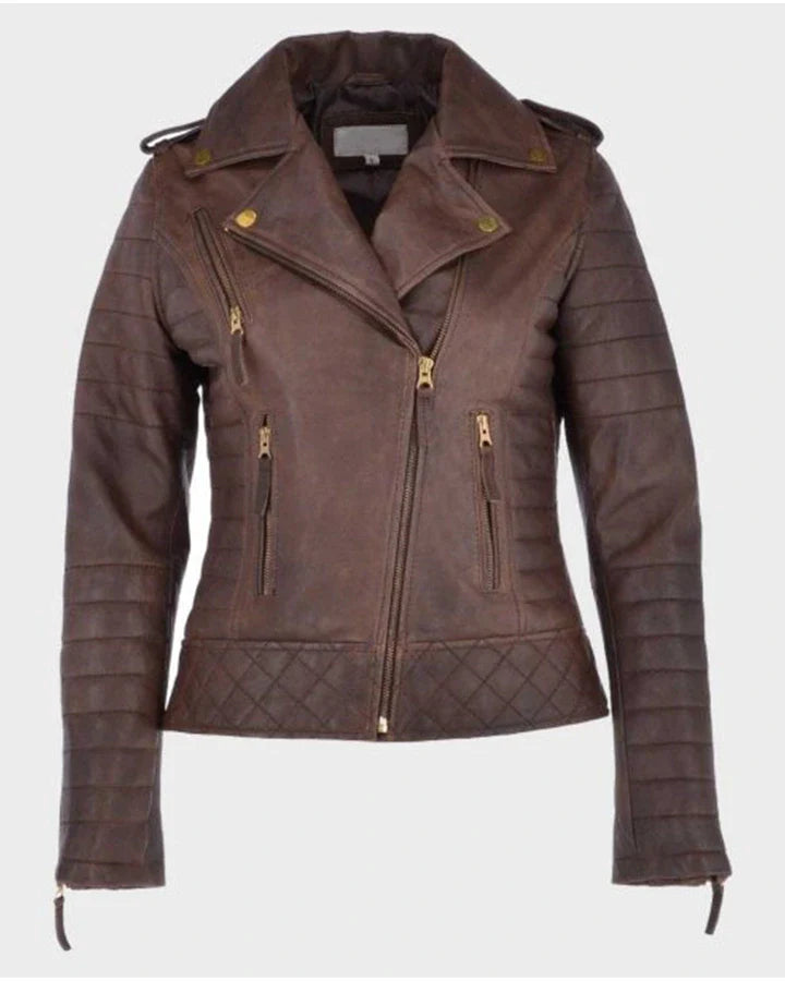 Kara Brown Distressed Biker Leather Jacket