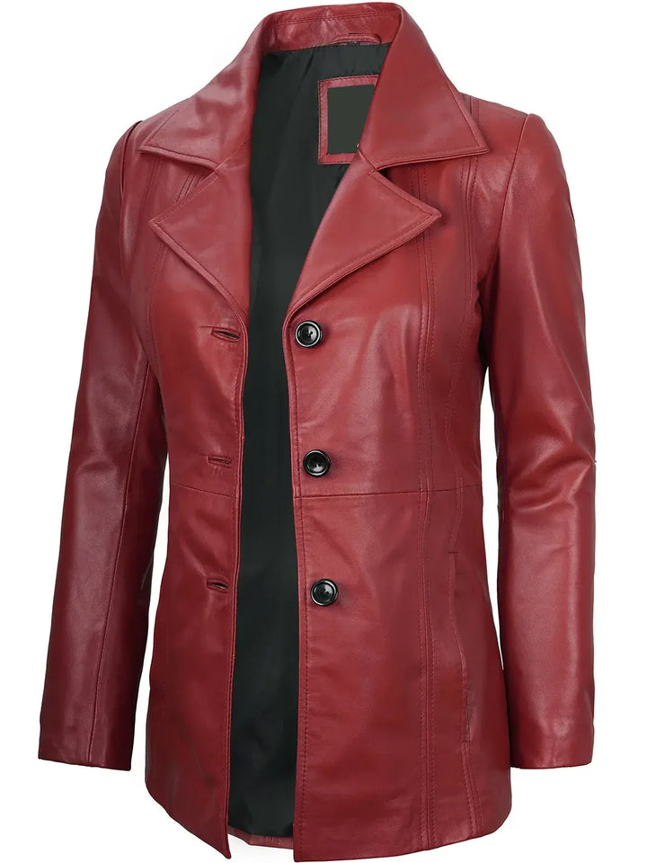 Women's Red Real Leather Blazer Jacket