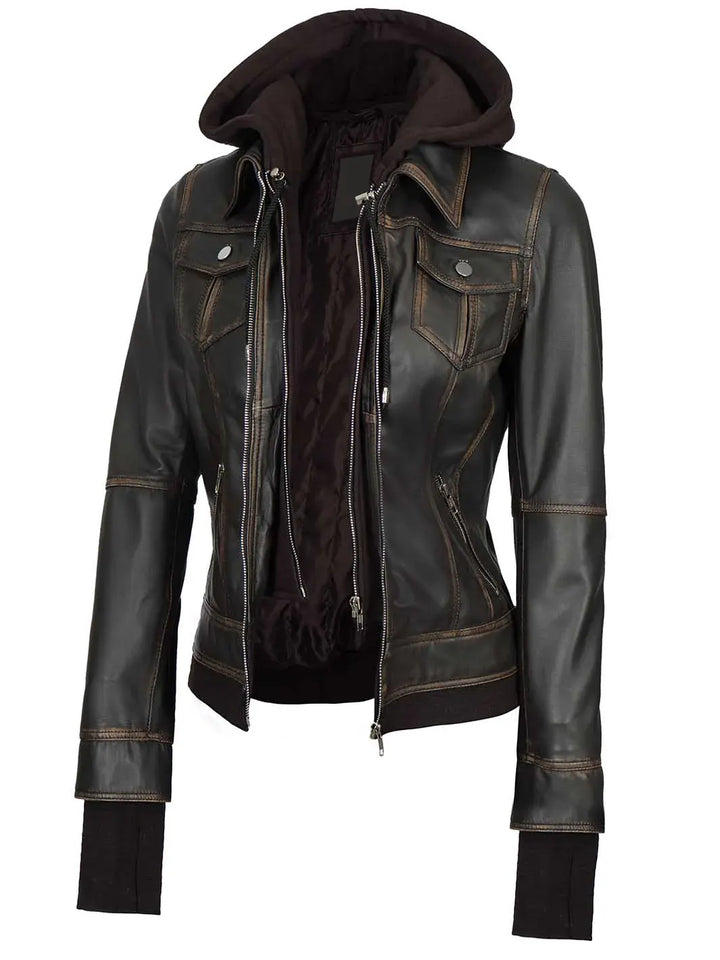 Tralee Women Dark Brown Bomber Leather Jacket With Removable Hood