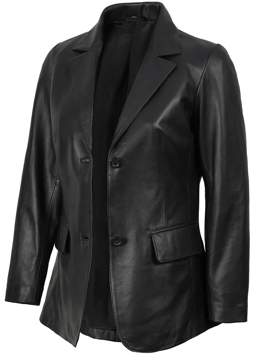 Women's Black Two-Button Real Leather Blazer
