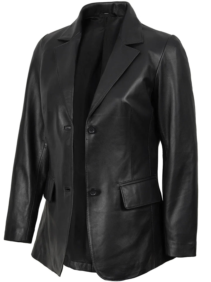 Women's Black Two-Button Real Leather Blazer