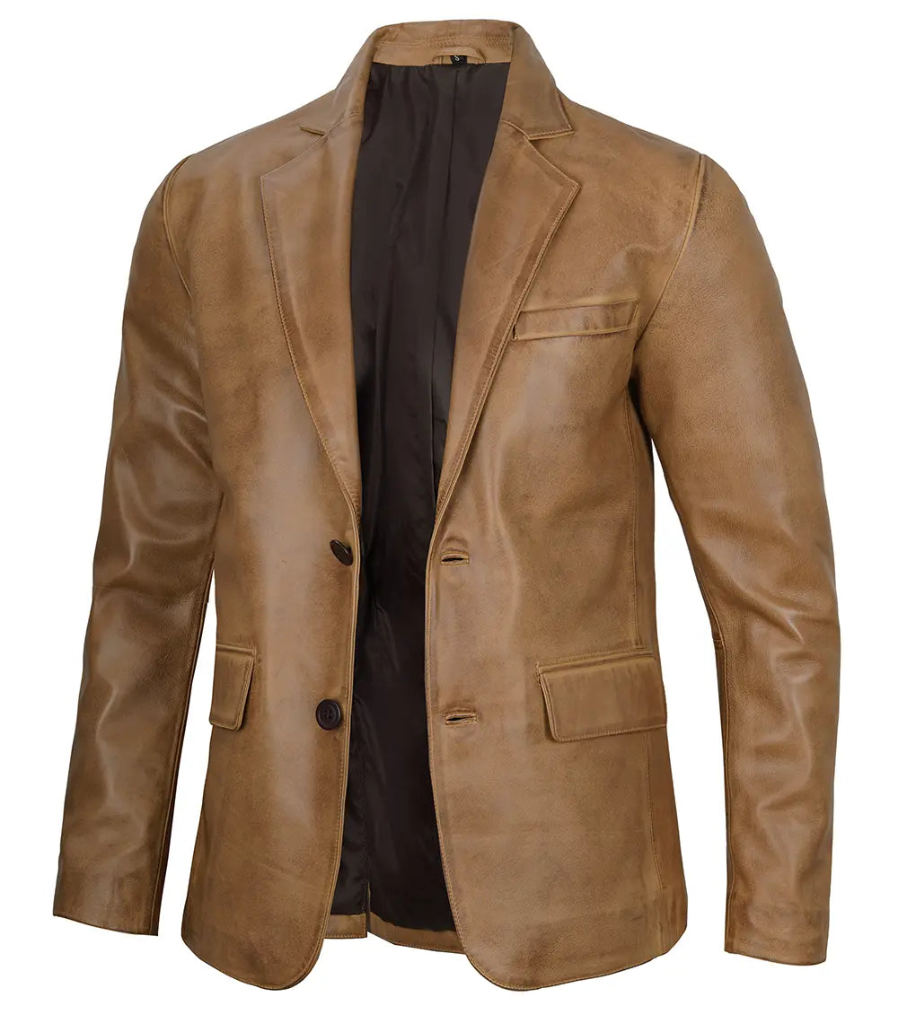 Mens Camel Brown Leather Blazer Jacket