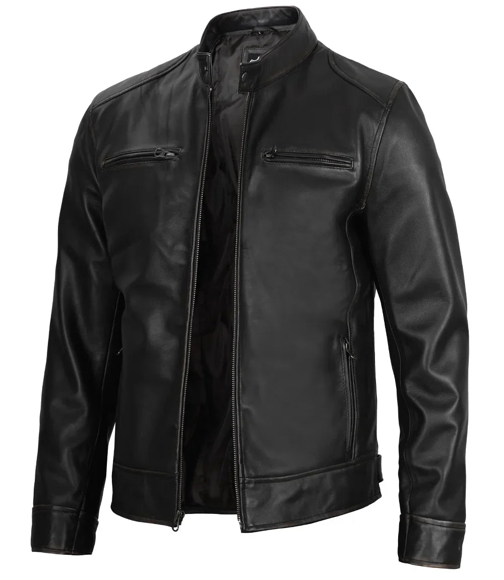 Dodge Men's Black Cafe Racer Leather Jacket