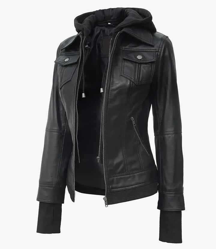 Tralee Women's Black Hooded Leather Jacket