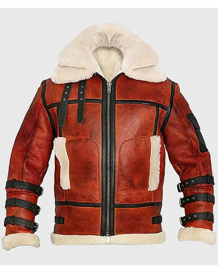 Pry Double Collar B-3 Shearling Red Leather Aviator Jacket