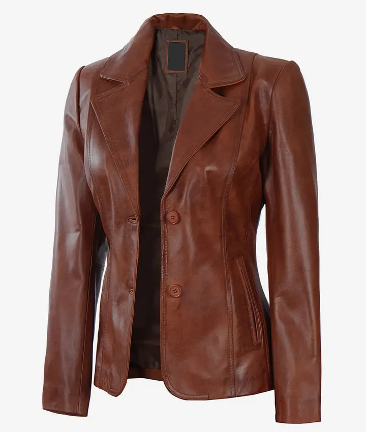 Women's Two Button Cognac Leather Blazer