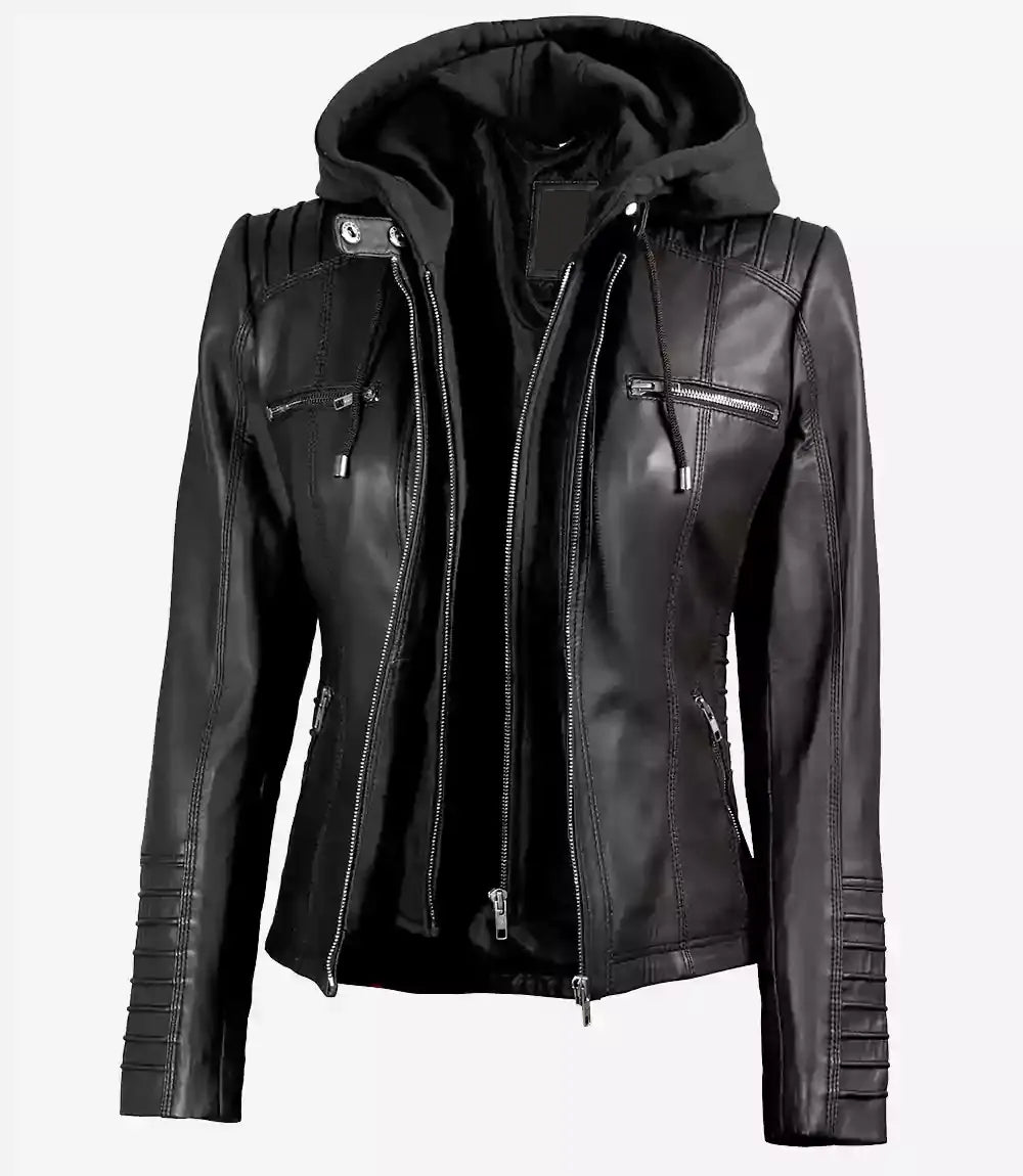 Women's Black Leather Jacket With Removable Hood