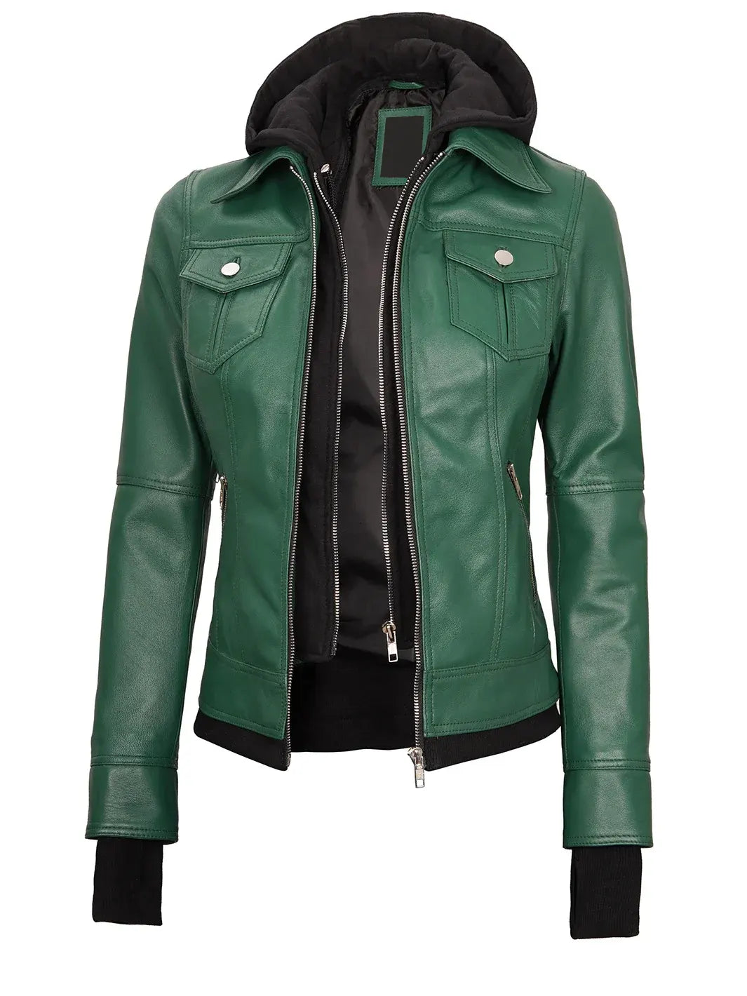 Tralee Women's Green Real Leather Jacket with Hood