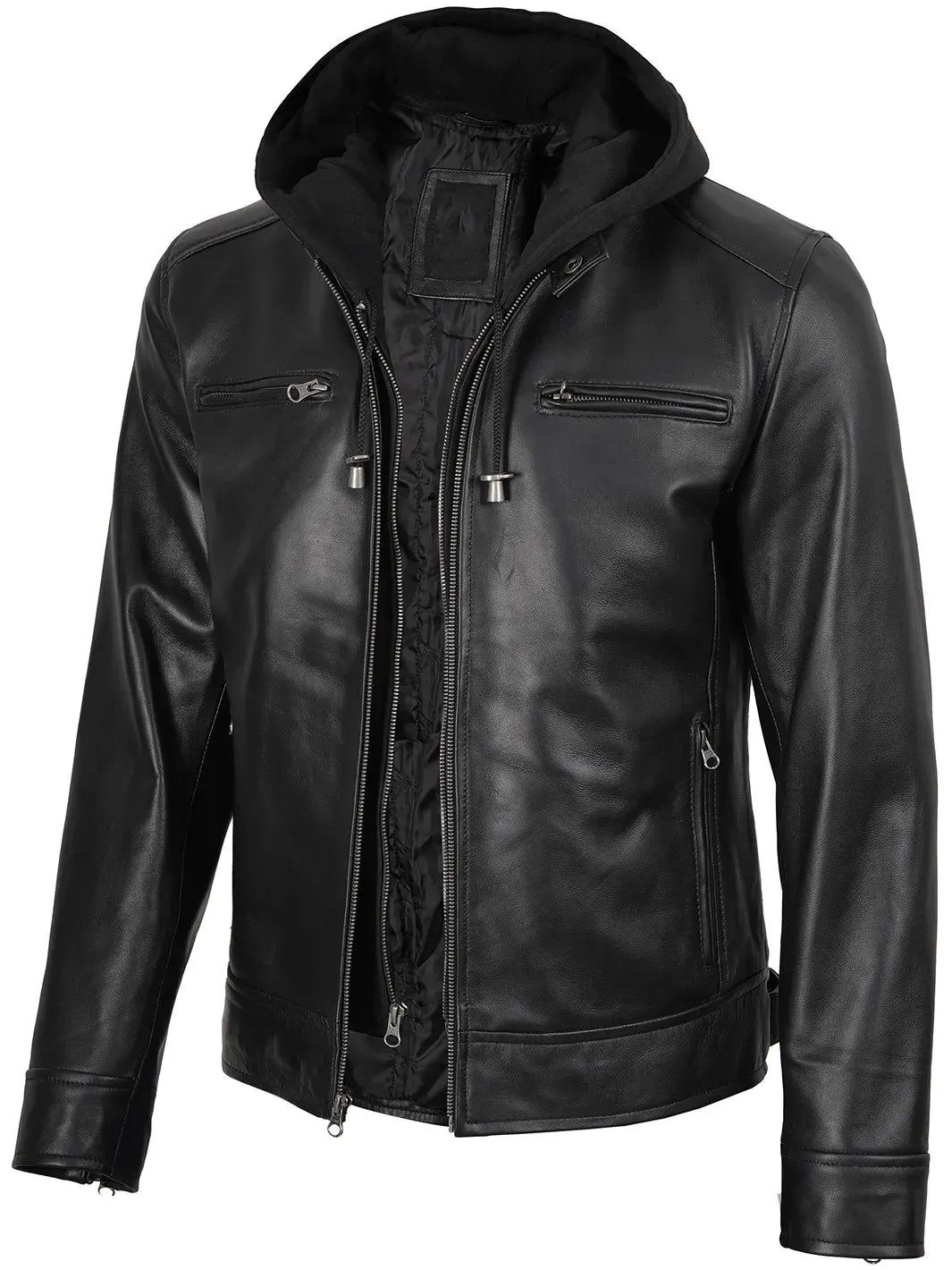 Men's Black Biker Style Leather Jacket with Removable Hood