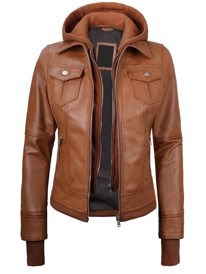 Tralee Womens Tan Wax Bomber Leather Jacket With Removable Hood