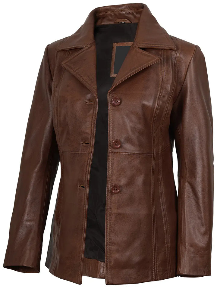 Women's Three Button Cognac Brown Leather Blazer