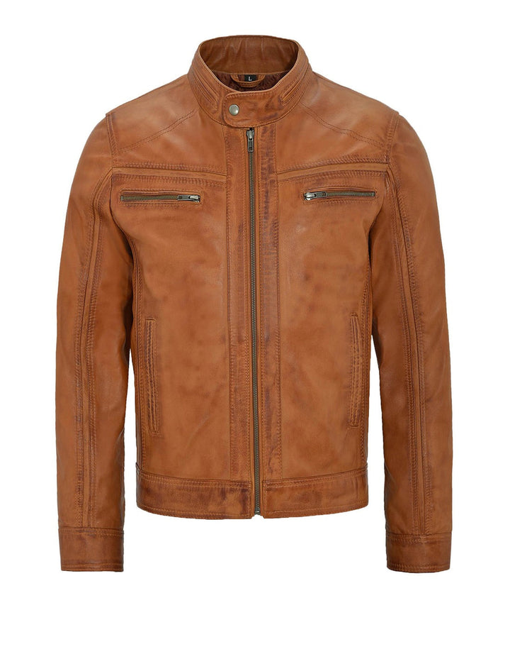 Tan Leather Motorcycle Jacket For Men