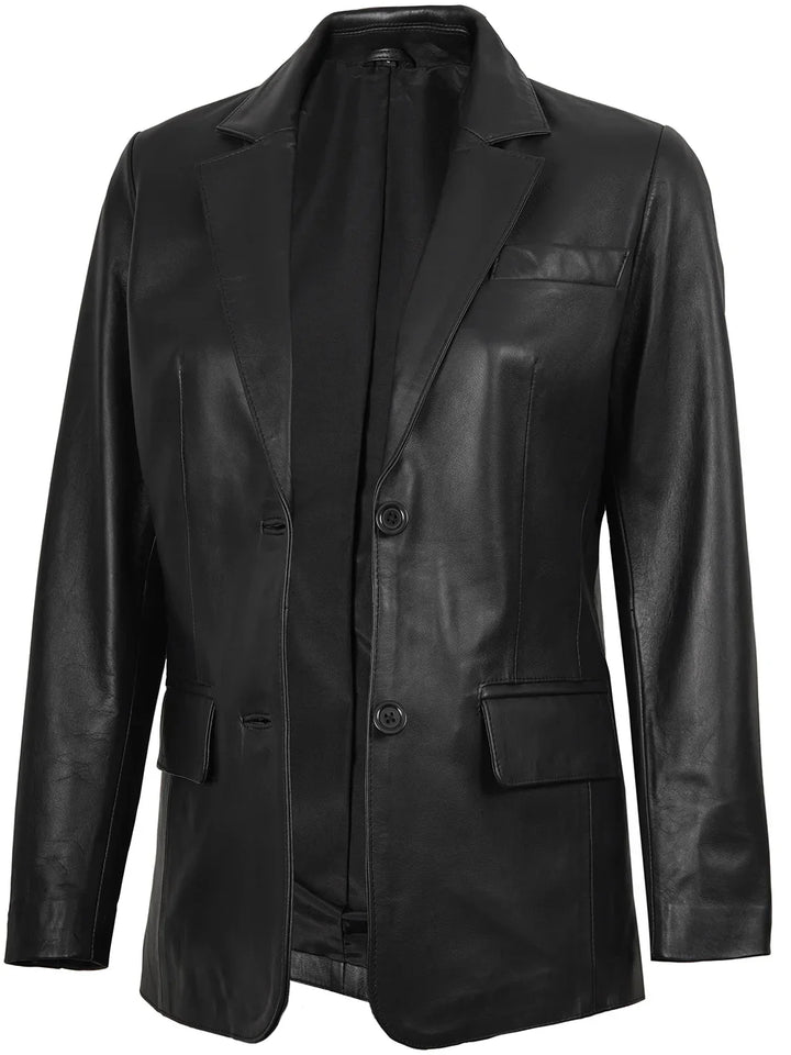 Women's Two Button Black Real Leather Blazer