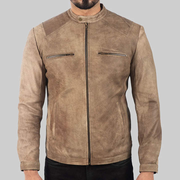 Men’s Distressed Beige Leather Biker Jacket