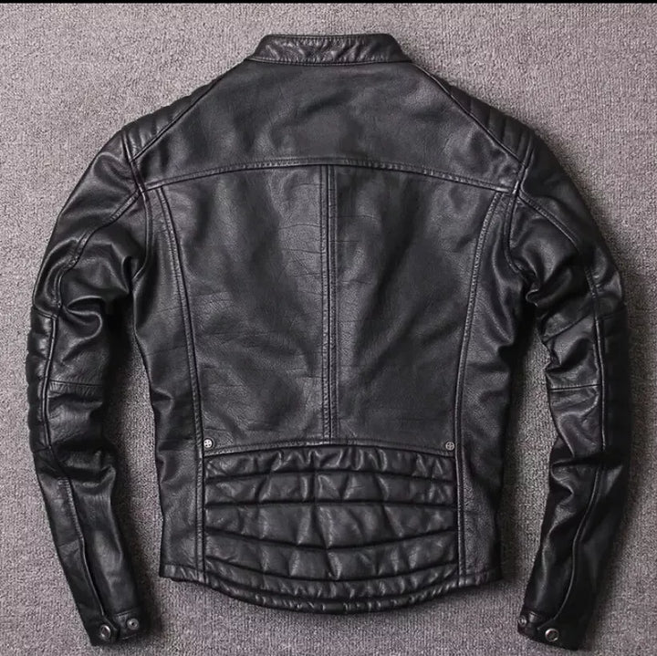 Short Standing Collar Slim Fit Motorcycle Top Layer Cowhide Jacket Outdoor Trekking Riding Ski Travel Coat Clearance Tail Goods