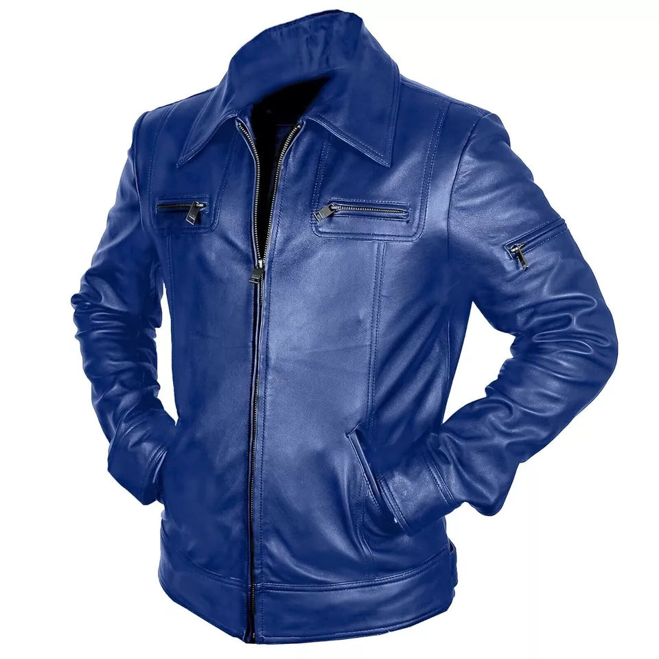 Pulcykp Men Casual Leather Jacket Blue Slim Rider Coat Fall Soft Short Motorcycle Outwear