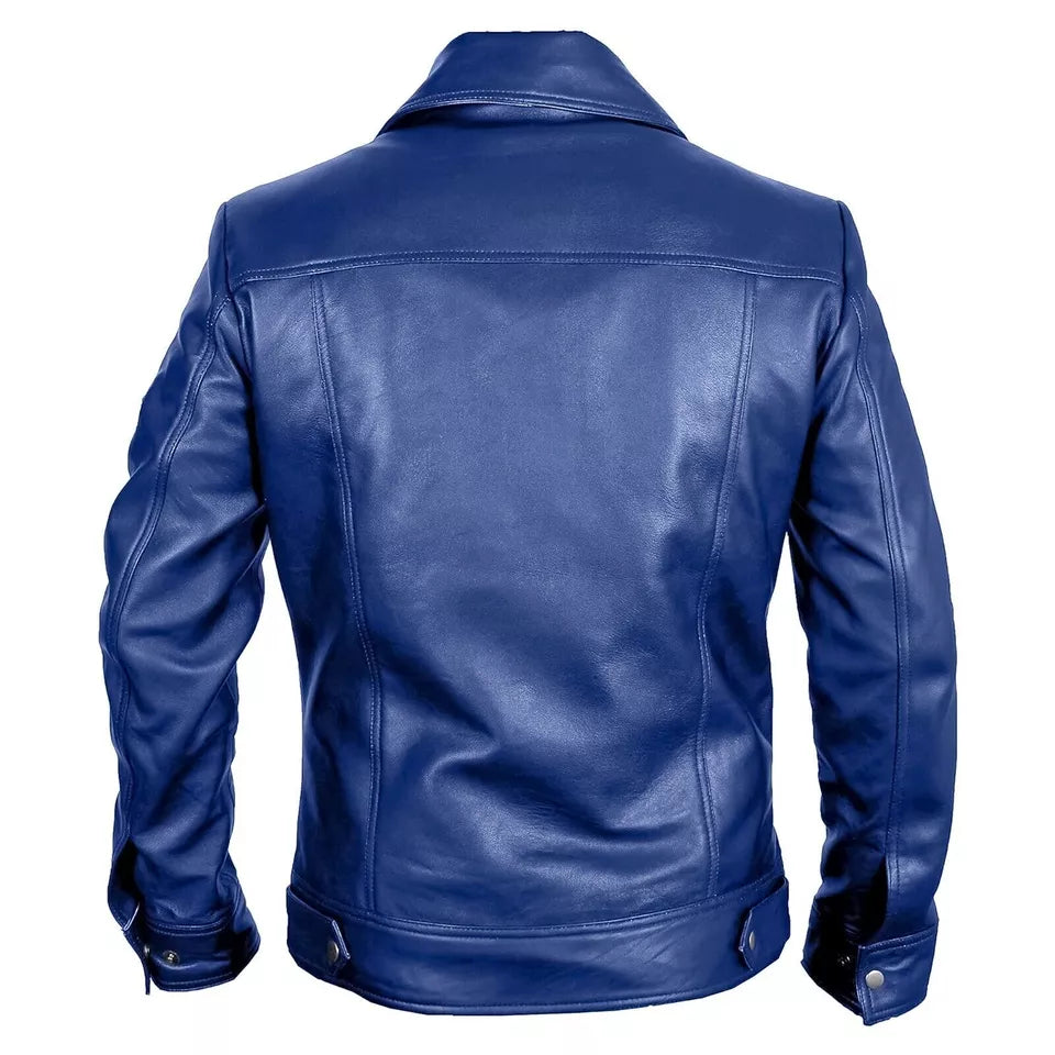 Pulcykp Men Casual Leather Jacket Blue Slim Rider Coat Fall Soft Short Motorcycle Outwear