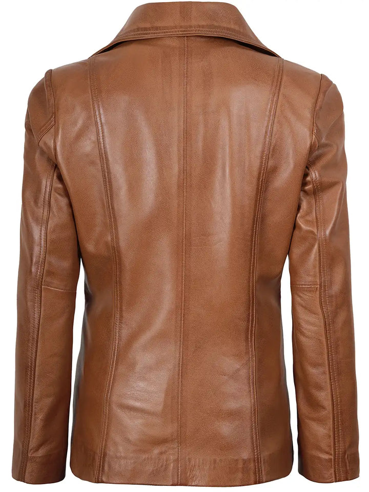 Women's Two Button Tan Brown Leather Blazer Jacket