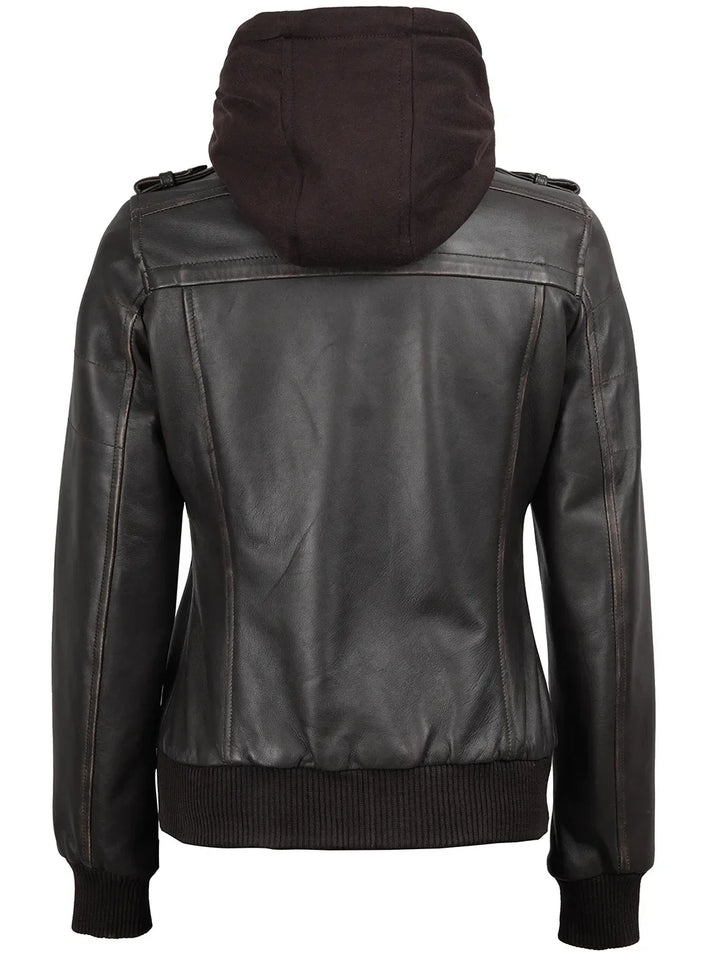 Women's Dark Brown Rub Off Leather Jacket with Removable Hood