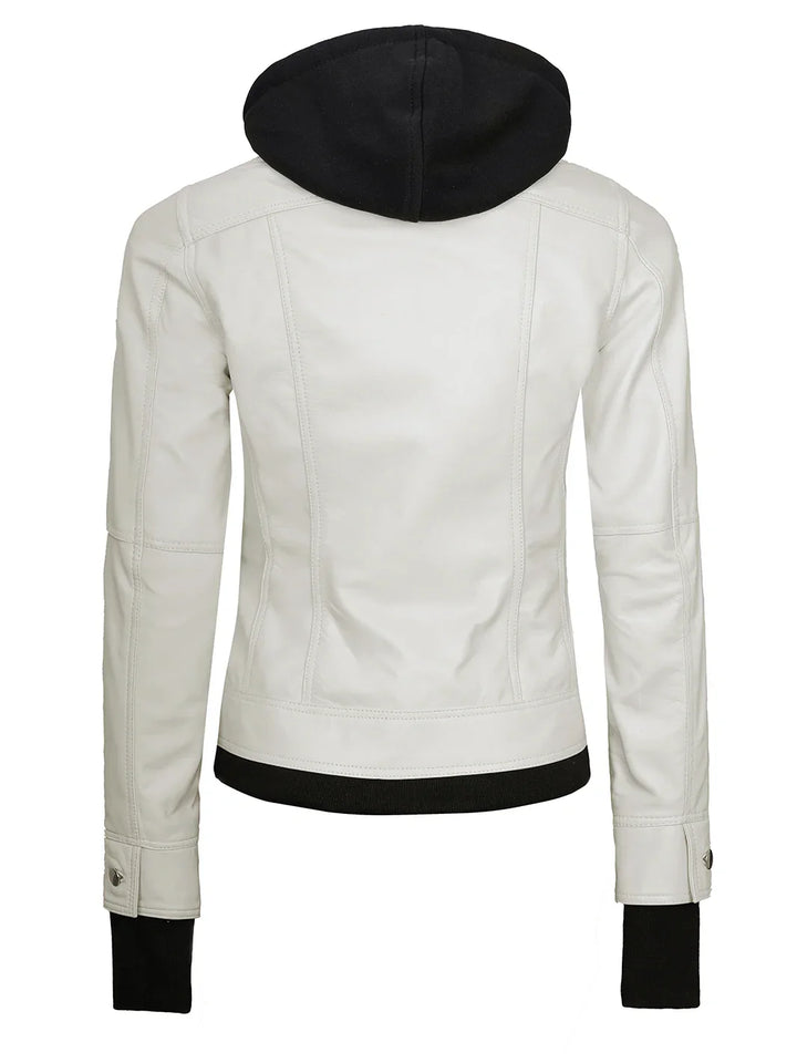 Womens Off White Biker Style Leather Jacket with Hood