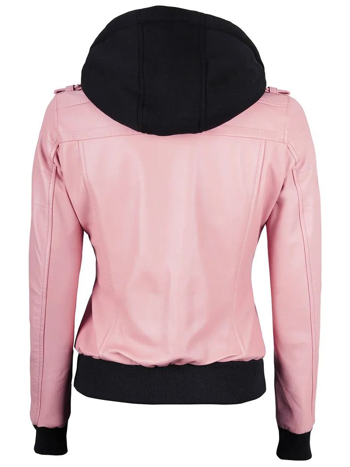 Women's Pink Leather Jacket with Removable Hood