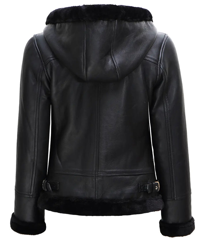 Womens Black Leather Hooded Shearling Jacket