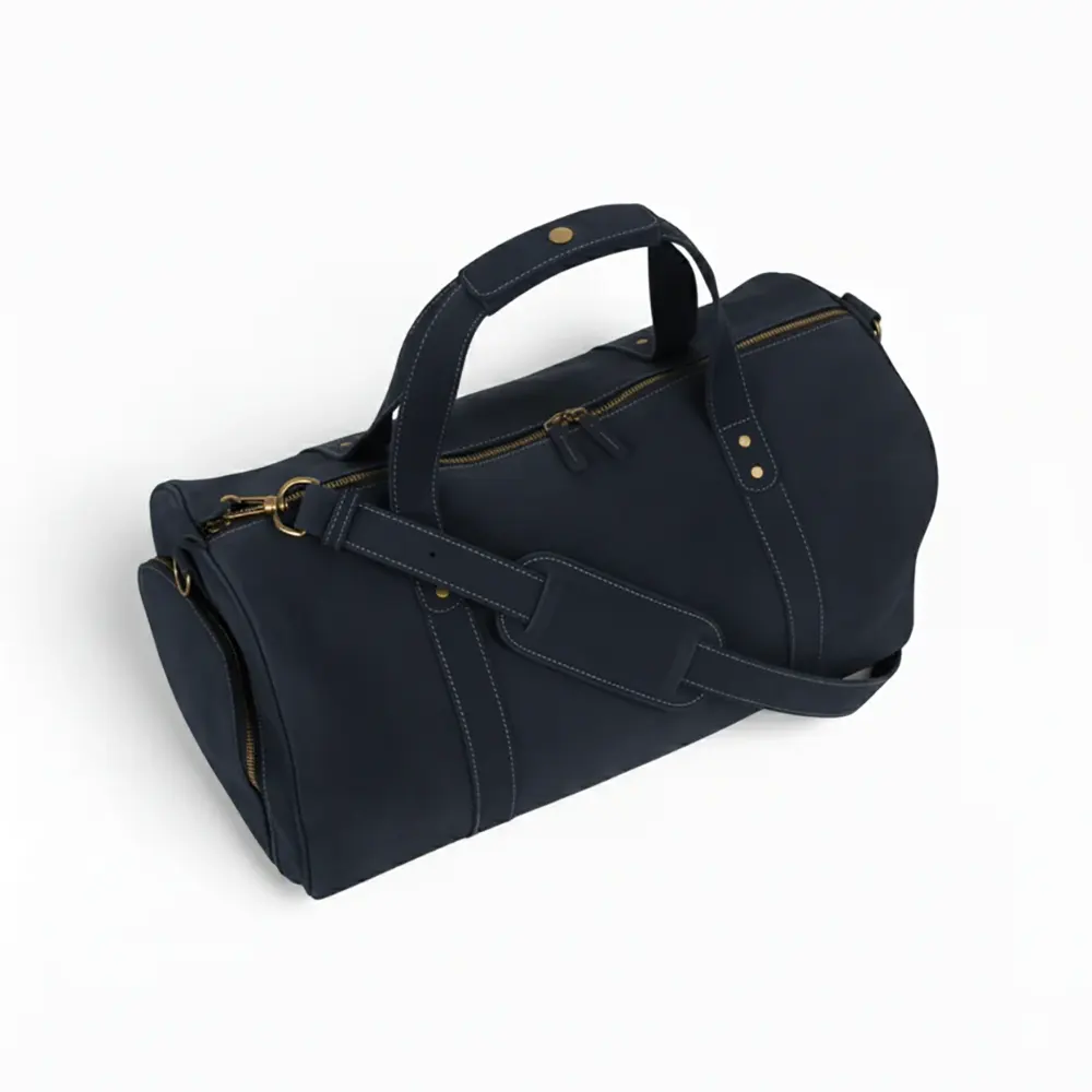 Navy Leather Duffel Bag Premium Travel & Gym Holdall with Shoe Compartment