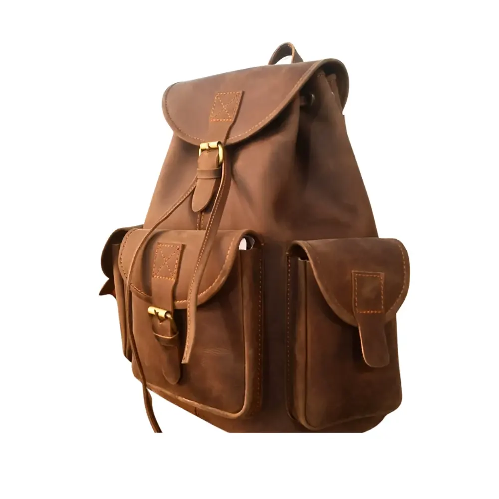 Vintage Dark Brown Leather Backpack Handmade Full-Grain Drawstring Rucksack