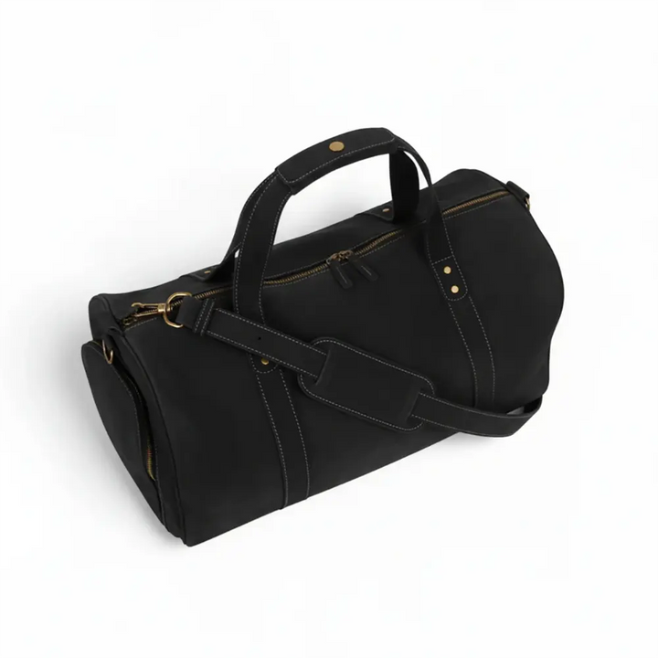 Black Leather Duffel Bag Premium Travel & Gym Holdall with Shoe Compartment