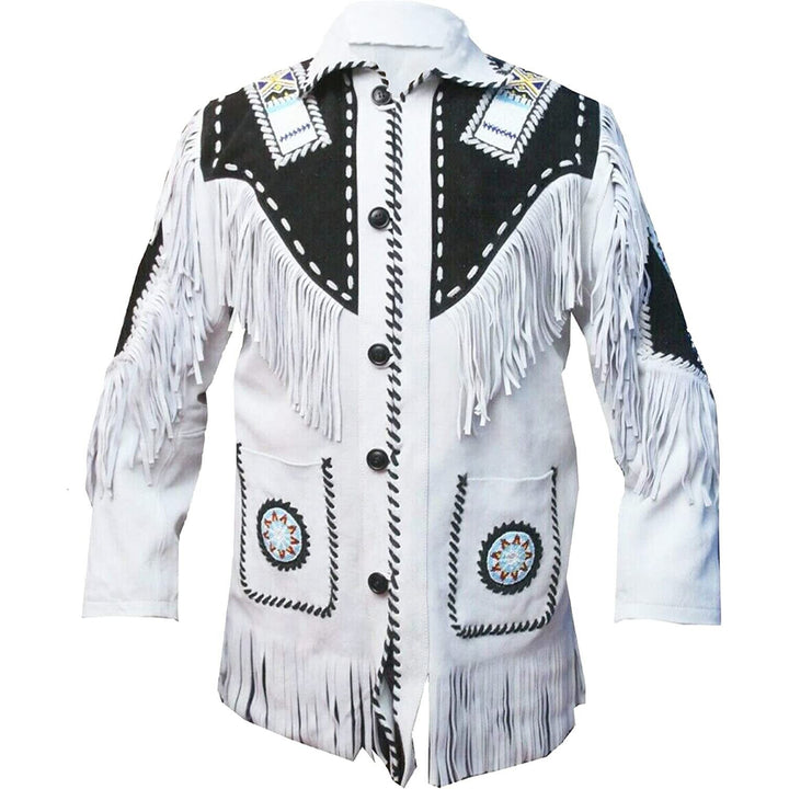 Men White Western Style Fringes Leather Jacket