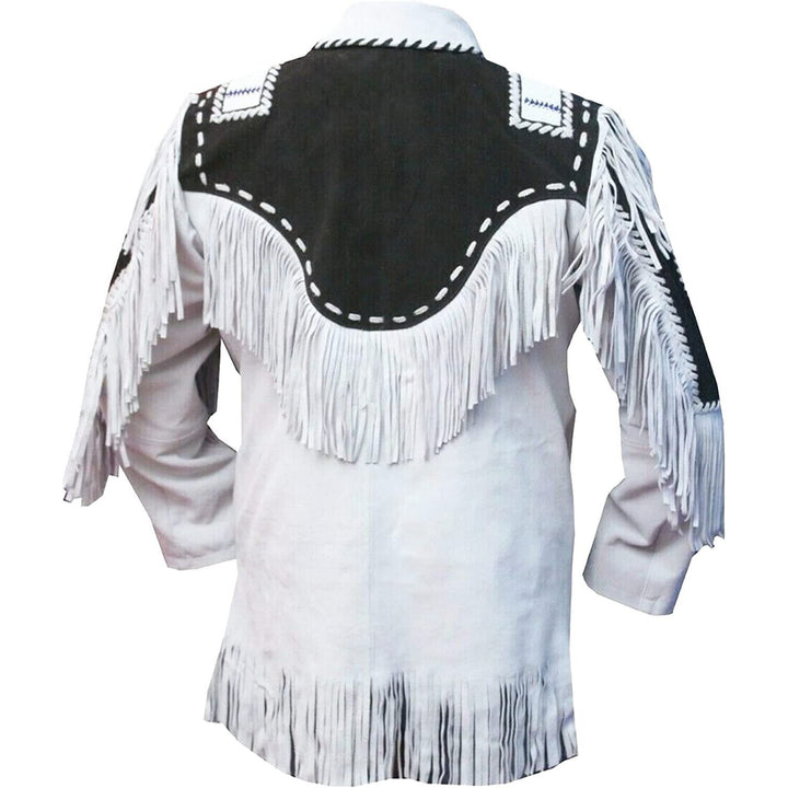 Men White Western Style Fringes Leather Jacket