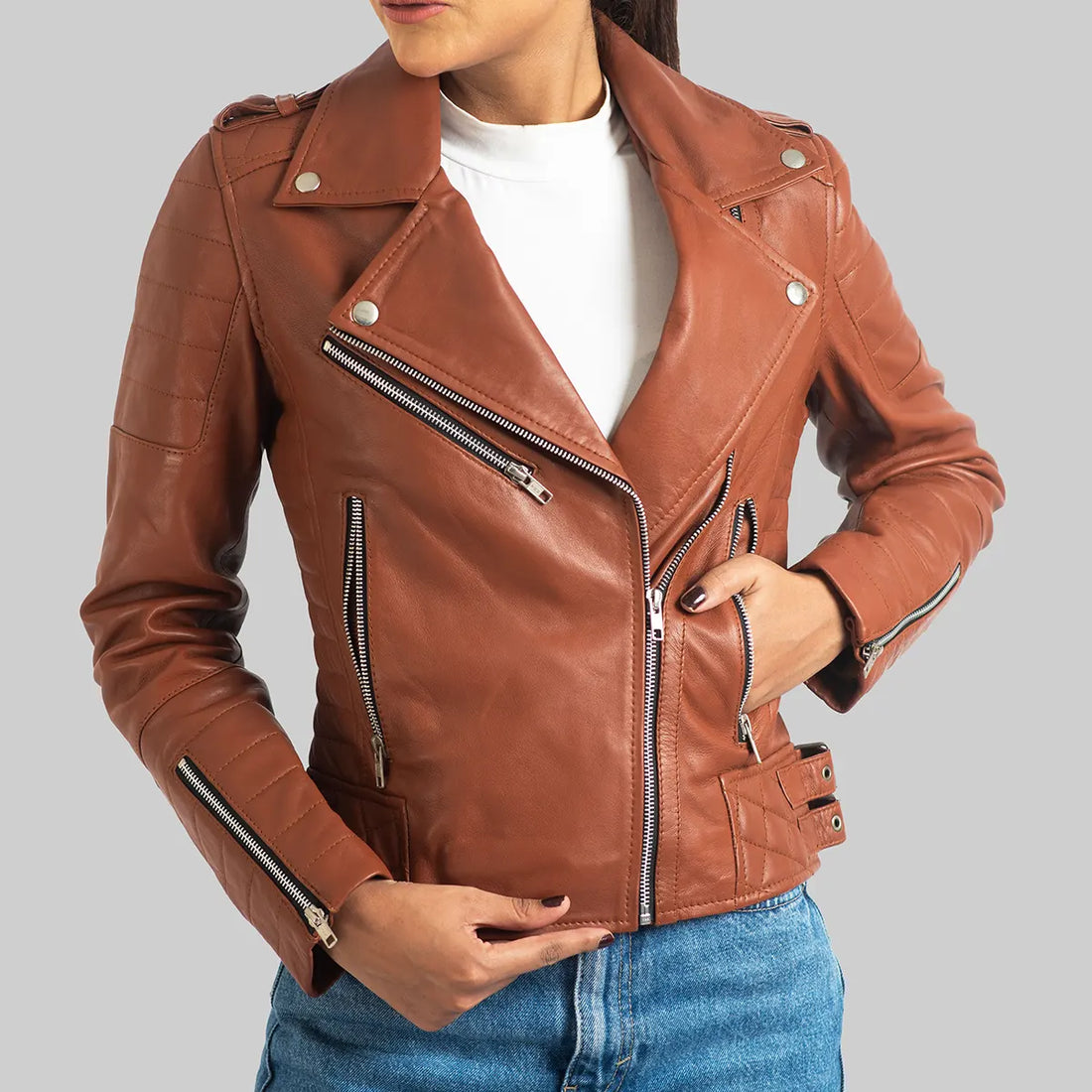 Women’s Brown Leather Biker Jacket