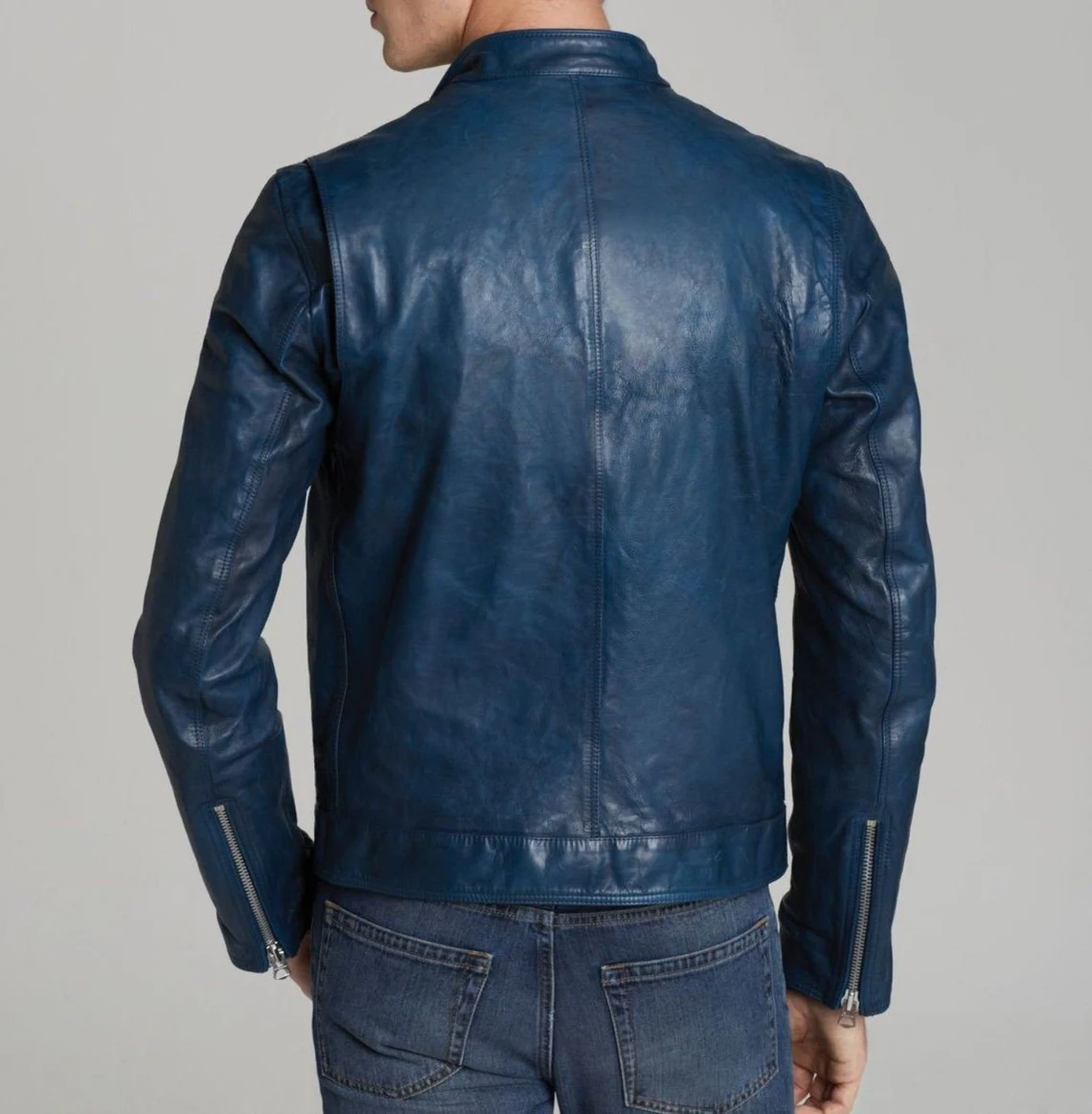 Back view of men's genuine leather biker jacket in blue by Lush Gear with zipper details on sleeves