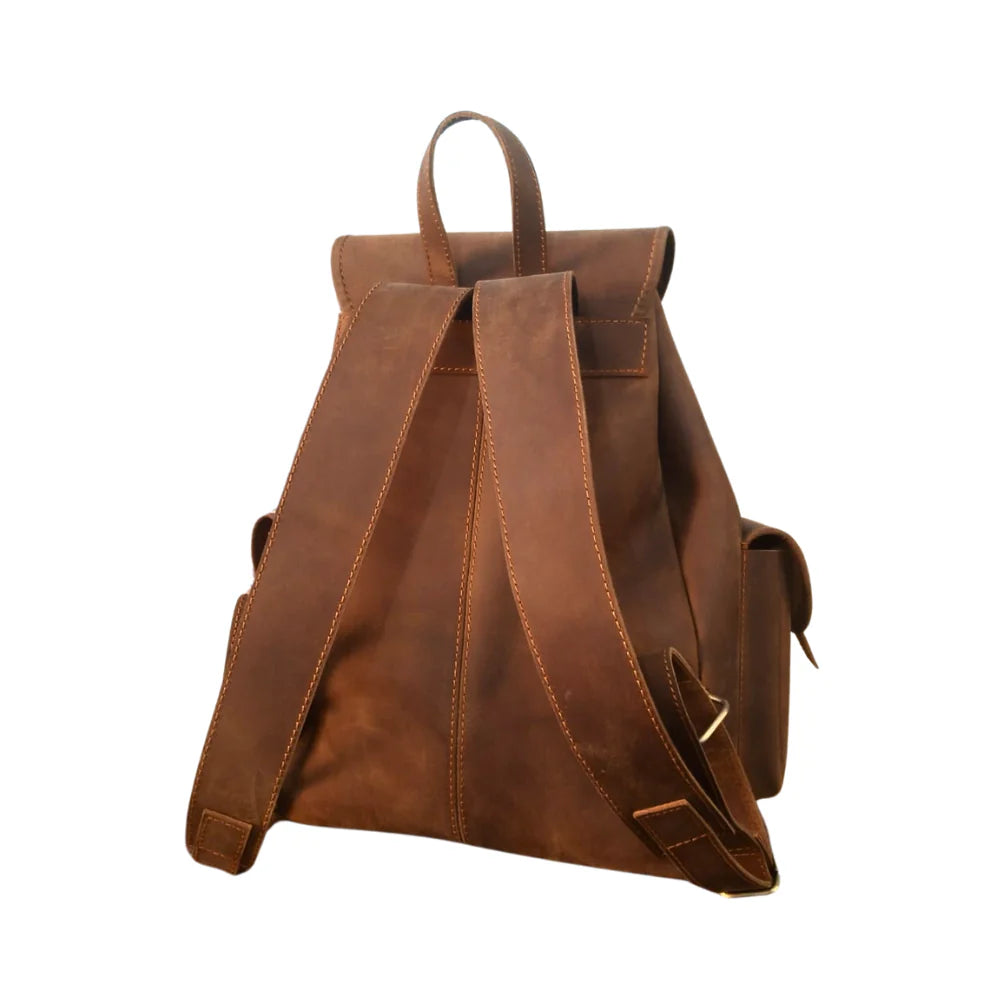 Vintage Dark Brown Leather Backpack - Handmade Leather Drawstring Bag