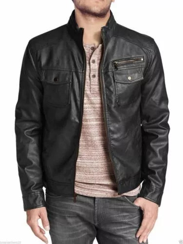 Leather Jacket For Men Black Lapel Pockets Style Zipper Pockets Leather Jackets