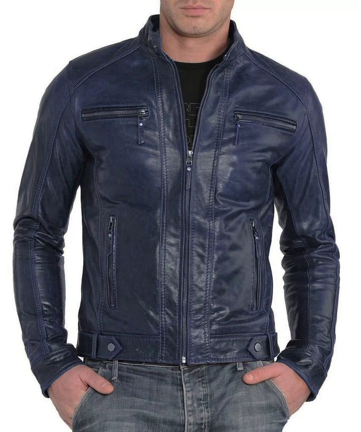 Handmade Blue Genuine Leather Lambskin Vintage Bomber Jacket for Men