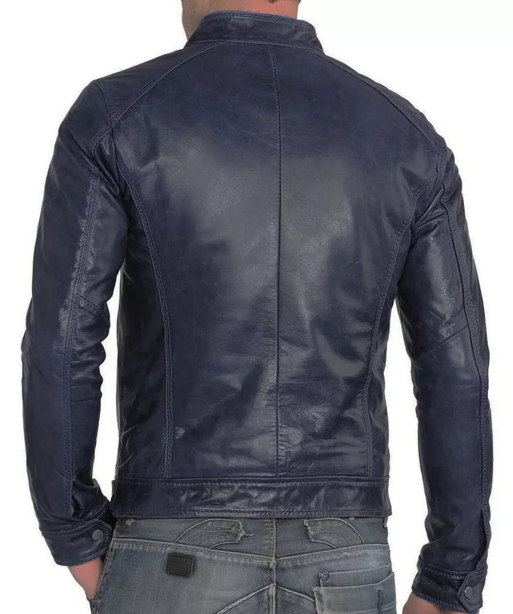 Handmade Blue Genuine Leather Lambskin Vintage Bomber Jacket for Men