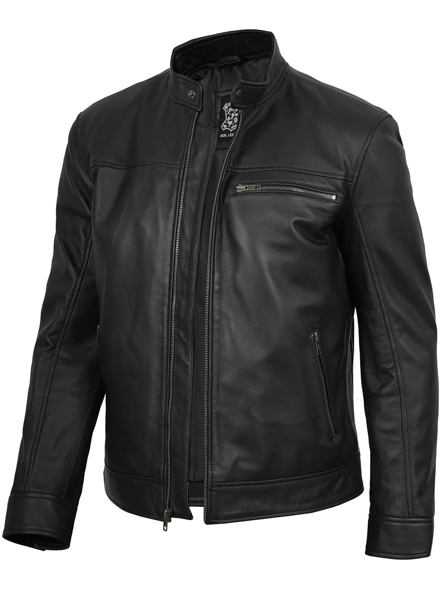 Mens Black Cafe Racer Style Real Leather Jacket