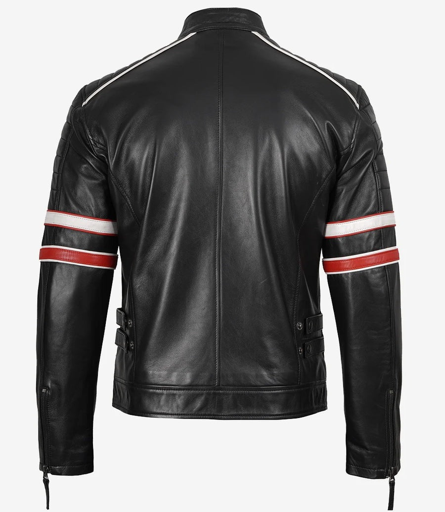 Men’s Black Cafe Racer Leather Jacket with Red & White Stripes