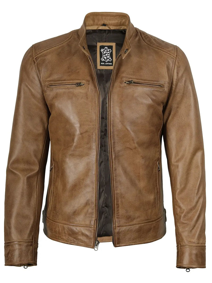 Real Leather Men's Camel Brown Cafe Racer Jacket