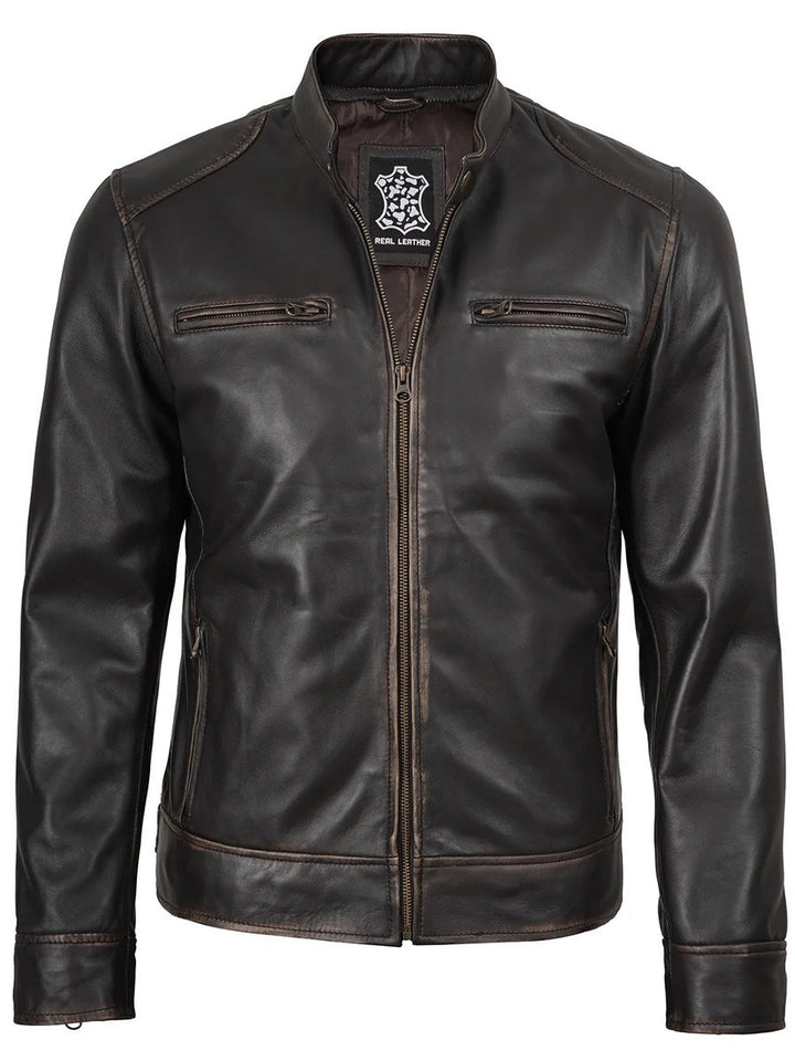 Men's Rub-Off Dark Brown Cafe Racer Style Leather Jacket