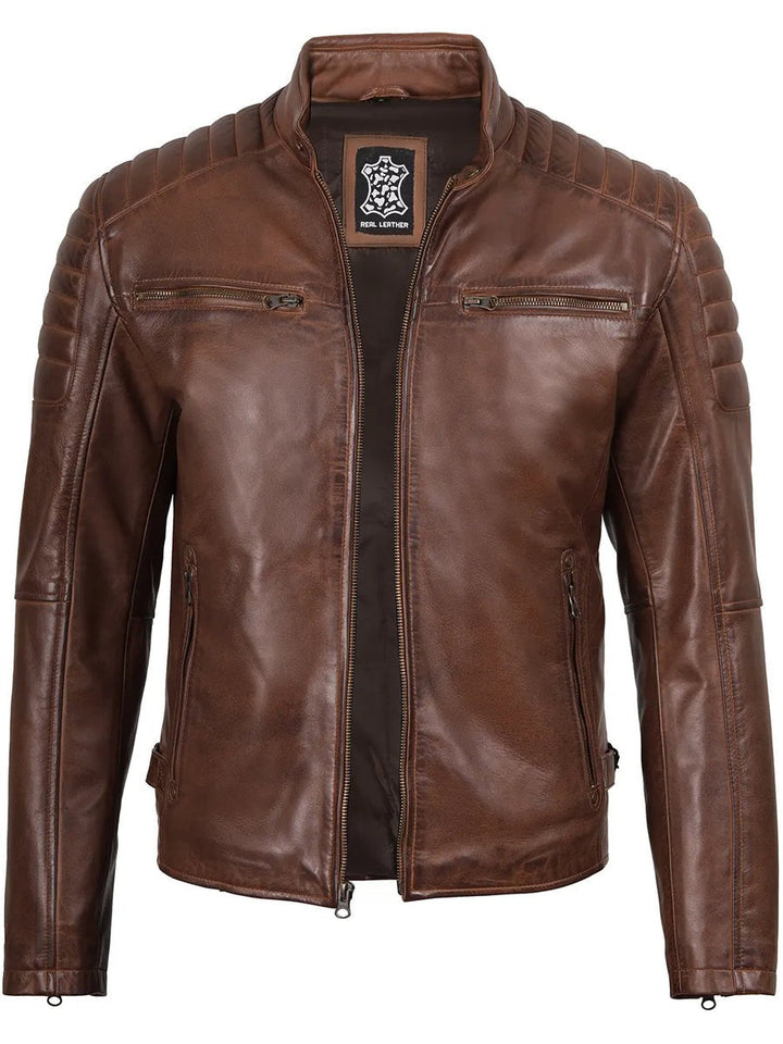 Mens Cognac Brown Cafe Racer Style Leather Jacket