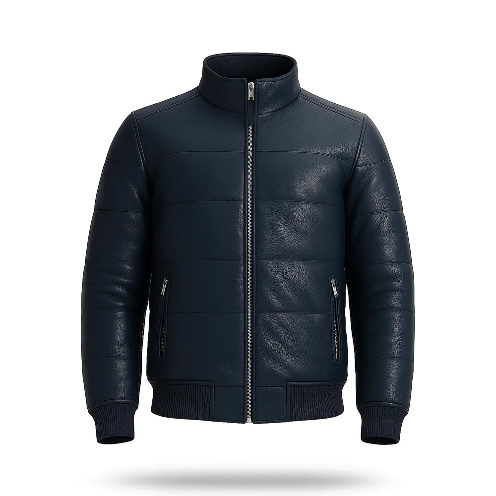 Maven Bomber Puffer Leather Jacket Blue