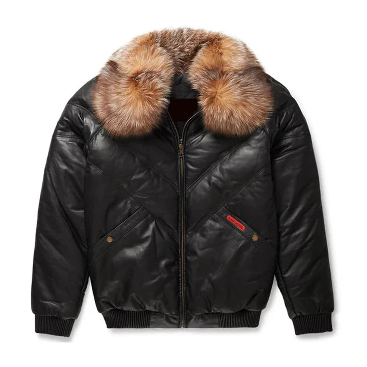 Men's Black Leather V-Bomber Jacket with Crystal Faux Fur